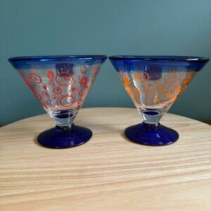 Kosta Boda Handblown Martini Cocktail Glasses 4.5" Blue Orange Circles Retro